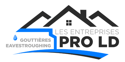 Logo graphique avec toiture stylisée et gouttière illustrée en bleu sur fond sombre au Québec