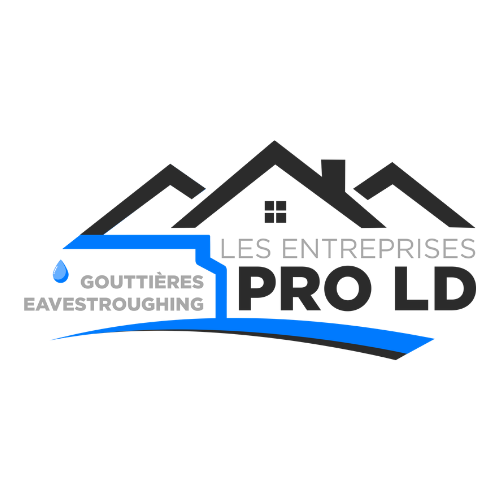 Logo avec icône de maison, gouttière et texte visuel sur fond clair au Québec